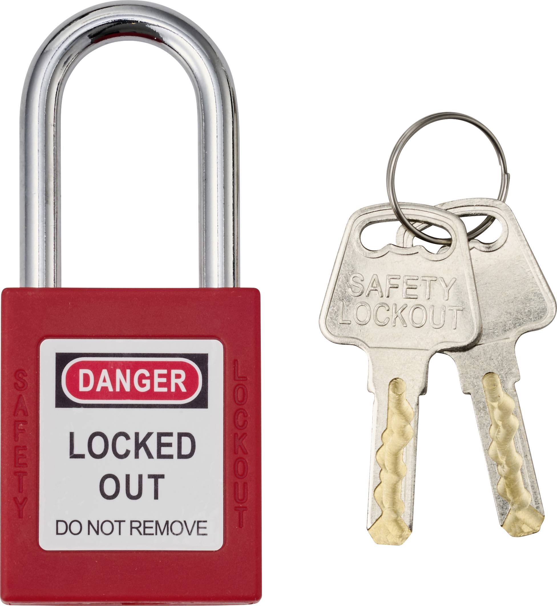 Een rode hangslot met het label 'Gevaar Vergrendeld Niet Verwijderen' met twee metalen sleutels gelabeld 'Veiligheidsblokkeringsvergrendeling'.