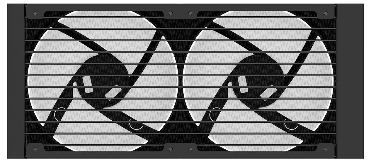 'Afbeelding van een koelsysteem met twee ventilatoren en een horizontale zwarte rooster. De ventilatoren zijn groot, wit en naast elkaar geplaatst.'