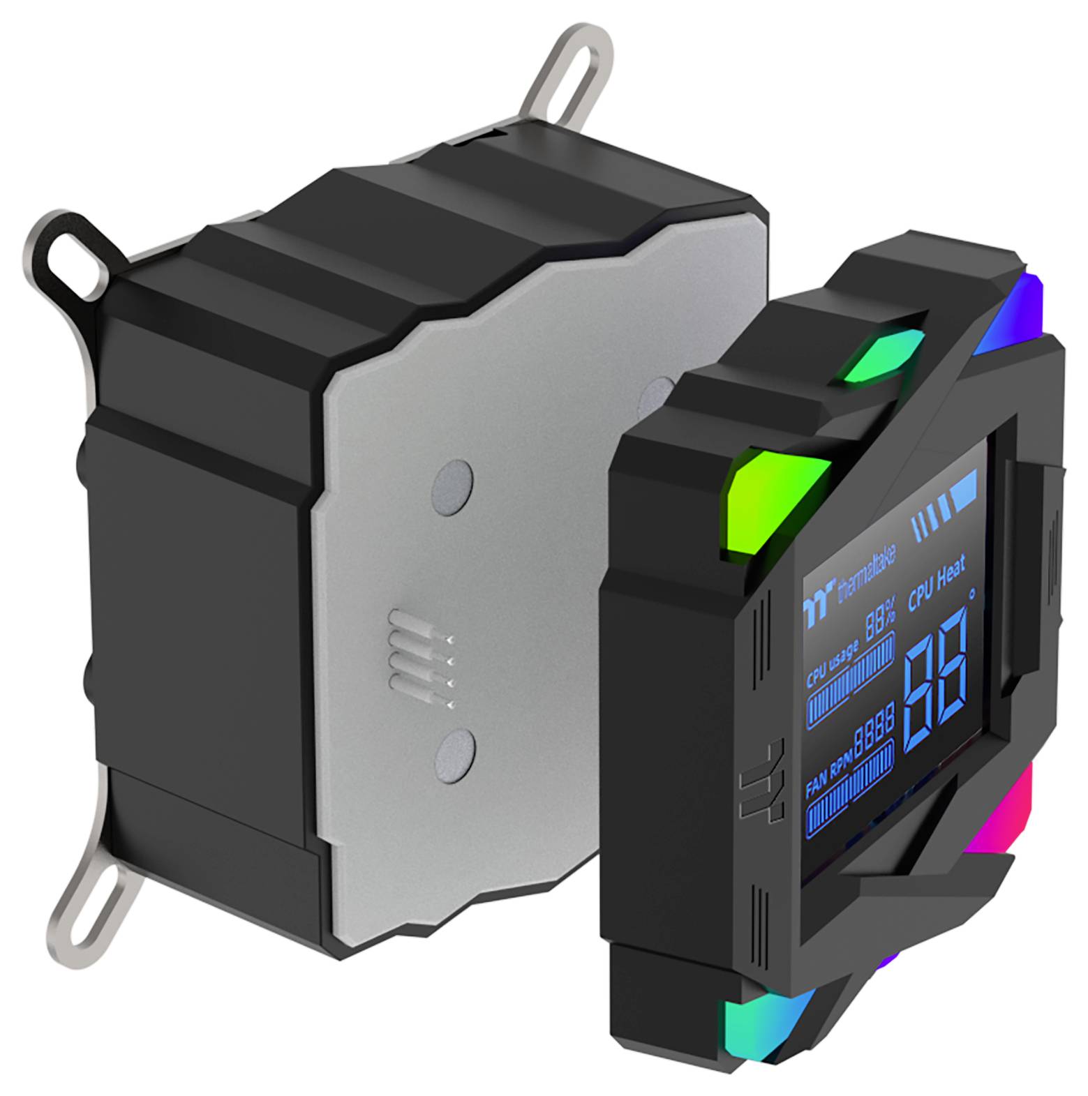 Een digitale CPU-koeler met een scherm dat temperatuur en ventilatorsnelheid weergeeft, met een compact ontwerp en LED-indicatoren.