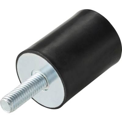 'Een zwarte cilindrische rubberen stop met een geschroefd metalen staaf die uit één uiteinde steekt, gebruikt voor trillingsisolatie of demping.'