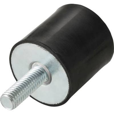Een cilindrische rubberen trillingsdemper met een schroefdraad metalen bout die aan één uiteinde uitsteekt voor bevestigingsdoeleinden.