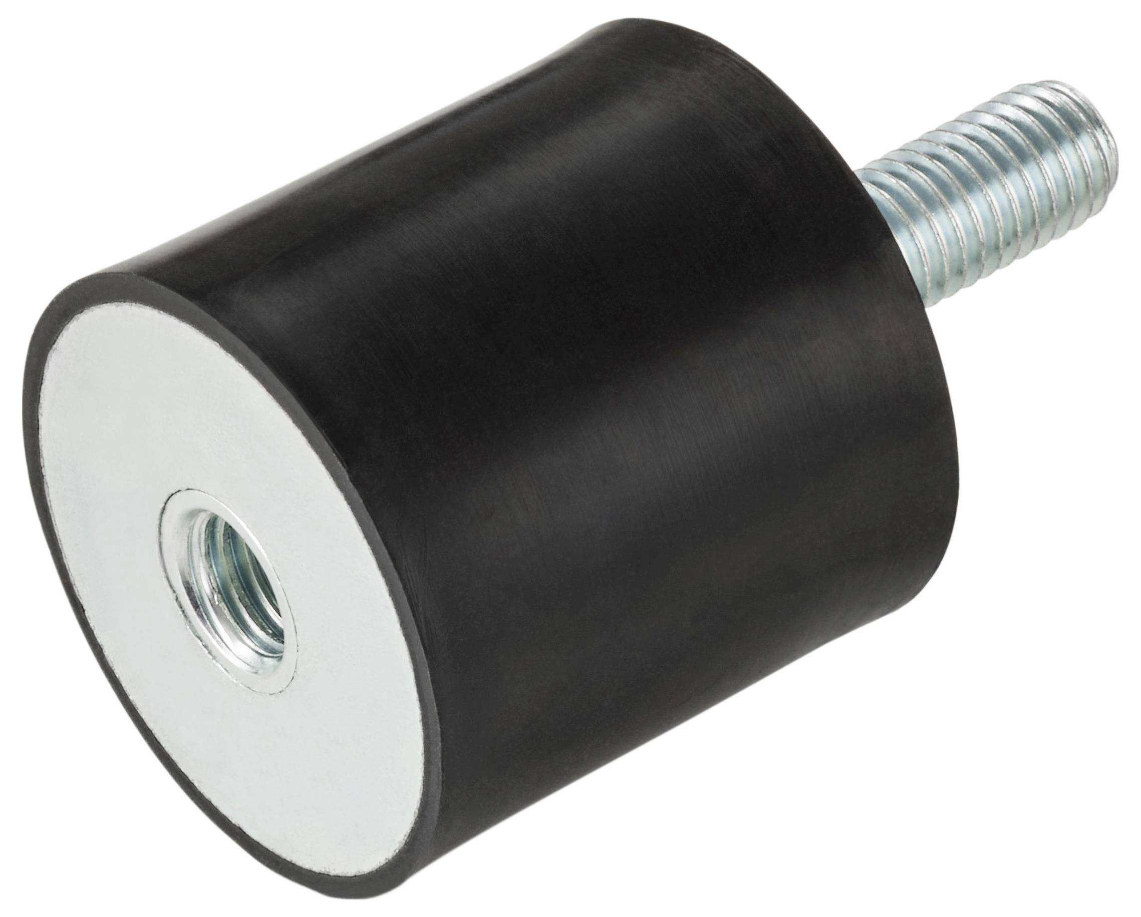 Een zwarte rubberen trillingsdemper met een metalen inzetstuk en draadbouten, gebruikt voor het verminderen van trillingen in machines.