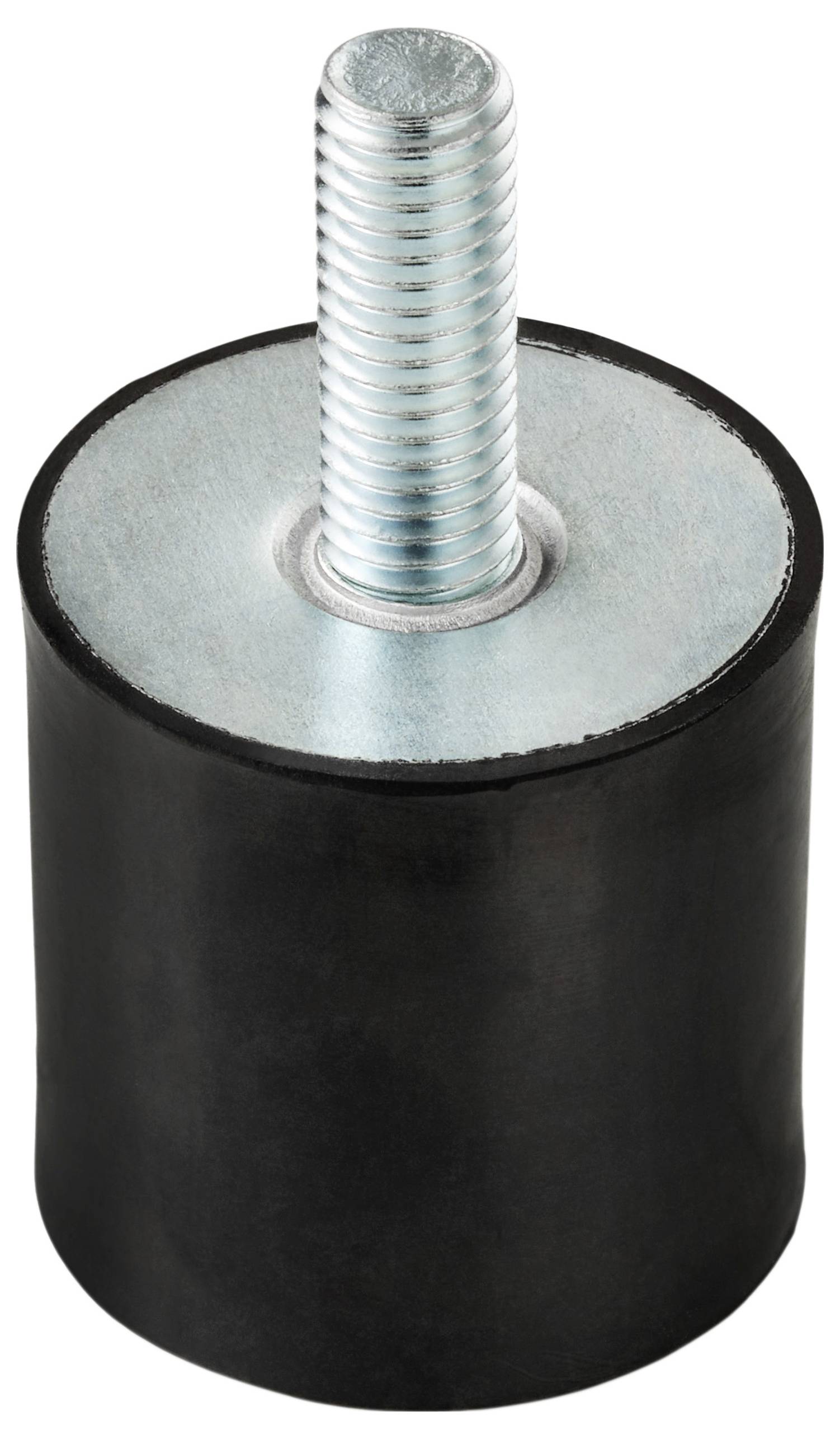 Een cilindrische zwarte rubberen stootbuffer met een schroefdraad metalen schroef die uit de bovenkant steekt, gebruikt voor trillingsisolatie of impactbescherming.