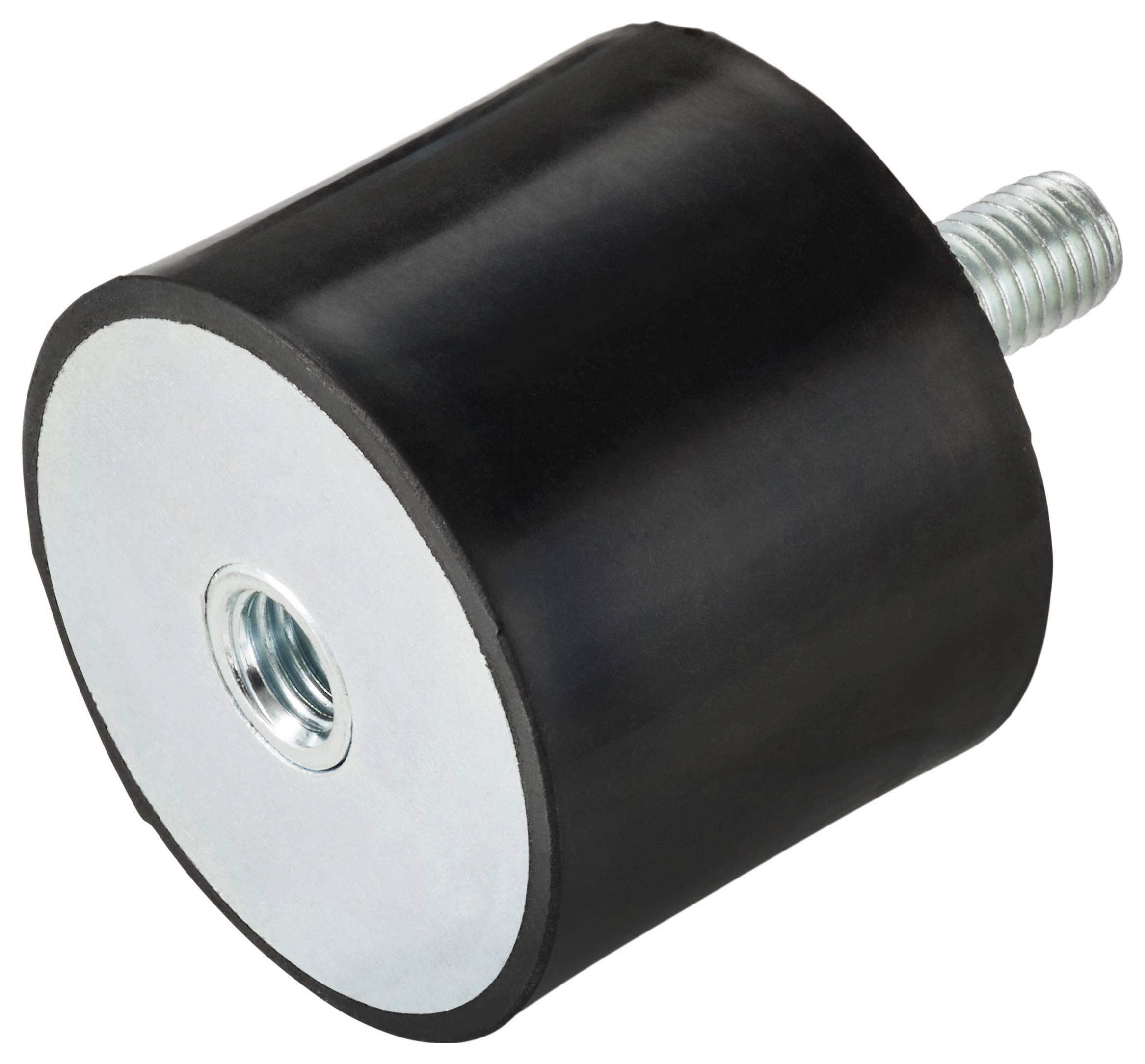 Een cilindrische zwarte rubberen stootdemper met een schroefdraad metalen steun, gebruikt voor het verminderen van trillingen of schokken.
