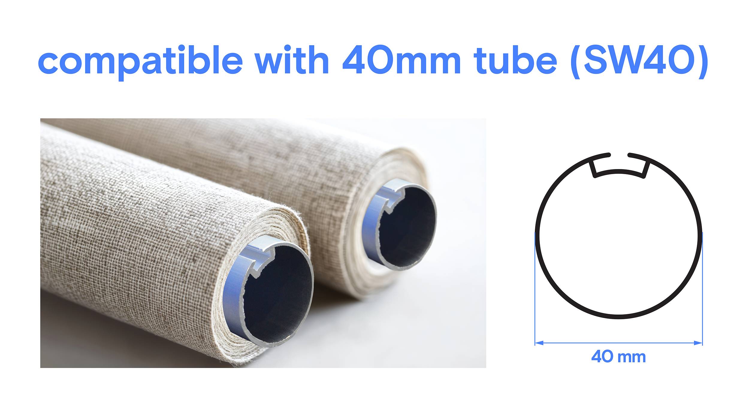 Twee stoffenrollen naast een diagram dat een cirkel weergeeft met het label '40 mm', wat wijst op compatibiliteit met een 40 mm-buis (SW40).