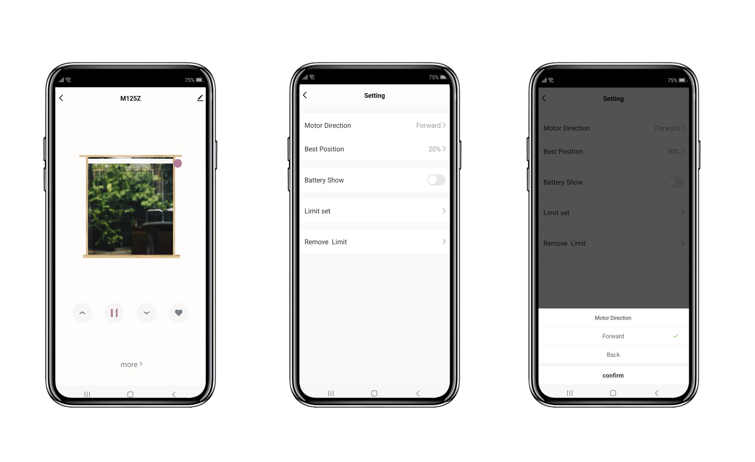 'Drie smartphoneschermen die app-interfaces tonen: een met muziekbesturingselementen, een ander met motorinstellingen en het derde met een verduisterd instellingenmenu.'