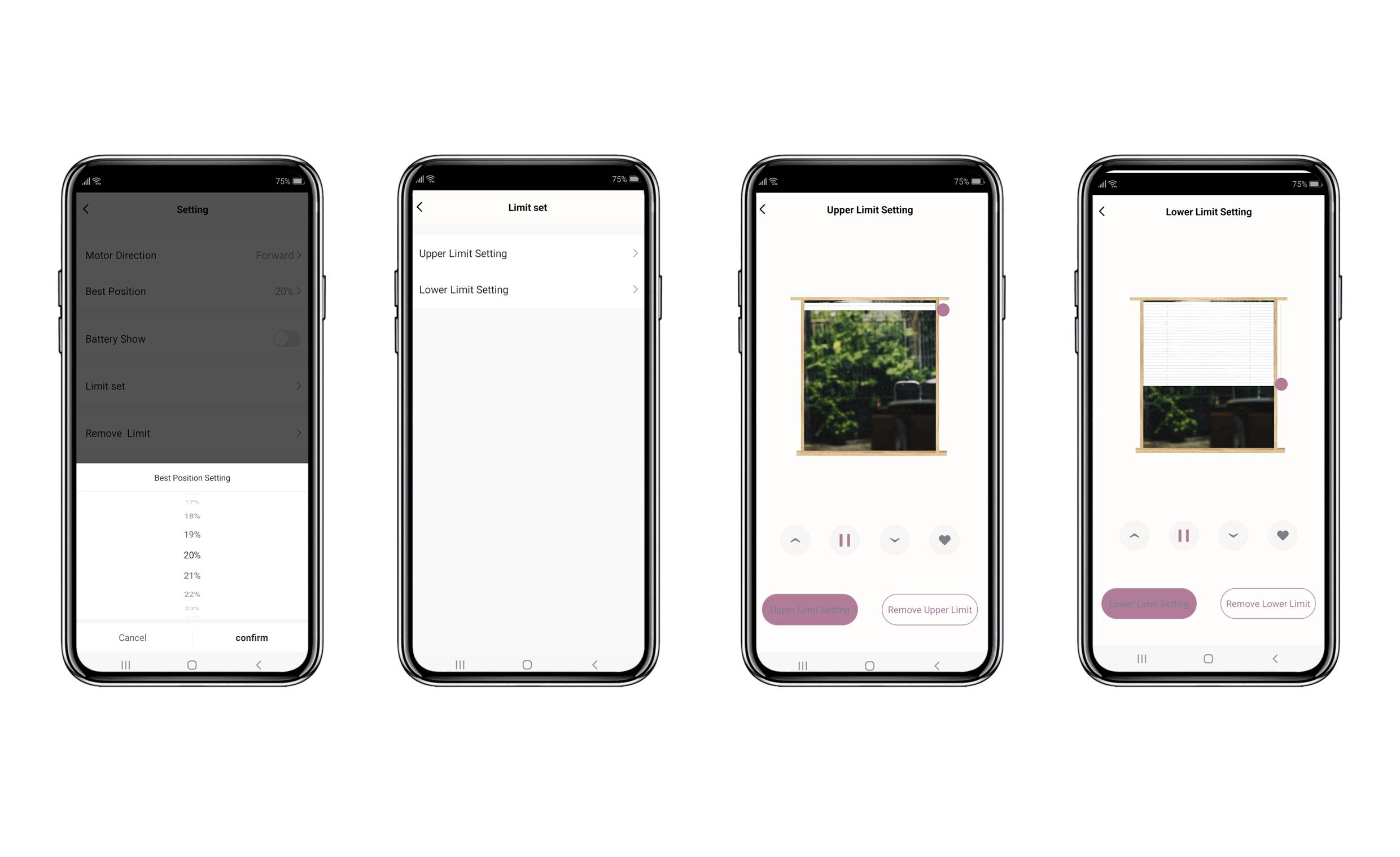 Vier smartphoneschermen tonen een app voor het instellen van jaloezieposities. Schermen tonen 'Slimme Positie-instelling', 'Limietinstelling', 'Bovenste Limietinstelling' en 'Onderste Limietinstelling'.