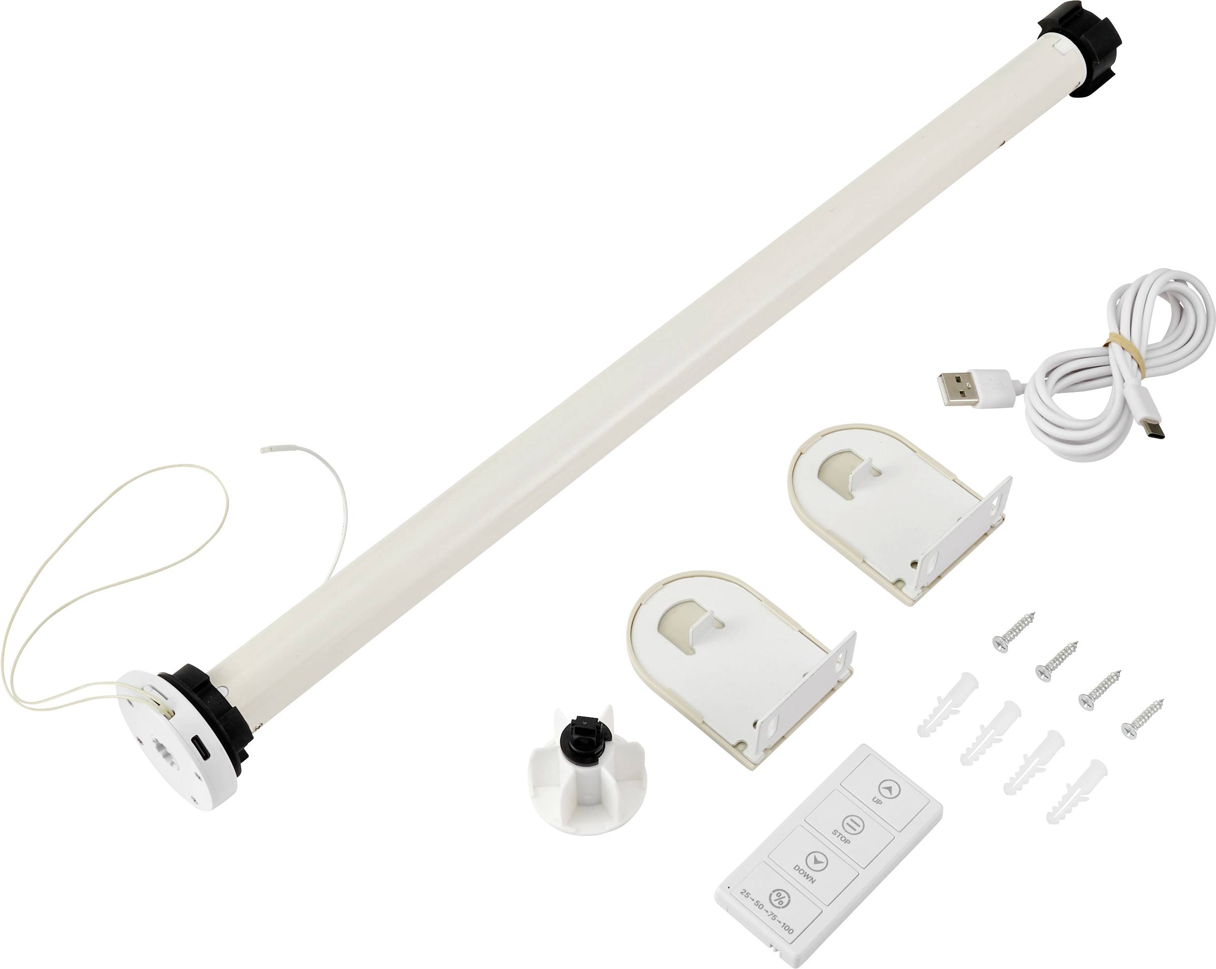 Een gemotoriseerde gordijnroede set met afstandsbediening, bevestigingsbeugels en USB-oplaadkabel.