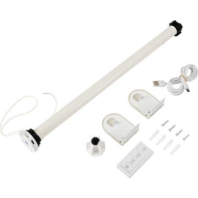 Een gemotoriseerde gordijnroede set met afstandsbediening, bevestigingsbeugels en USB-oplaadkabel.