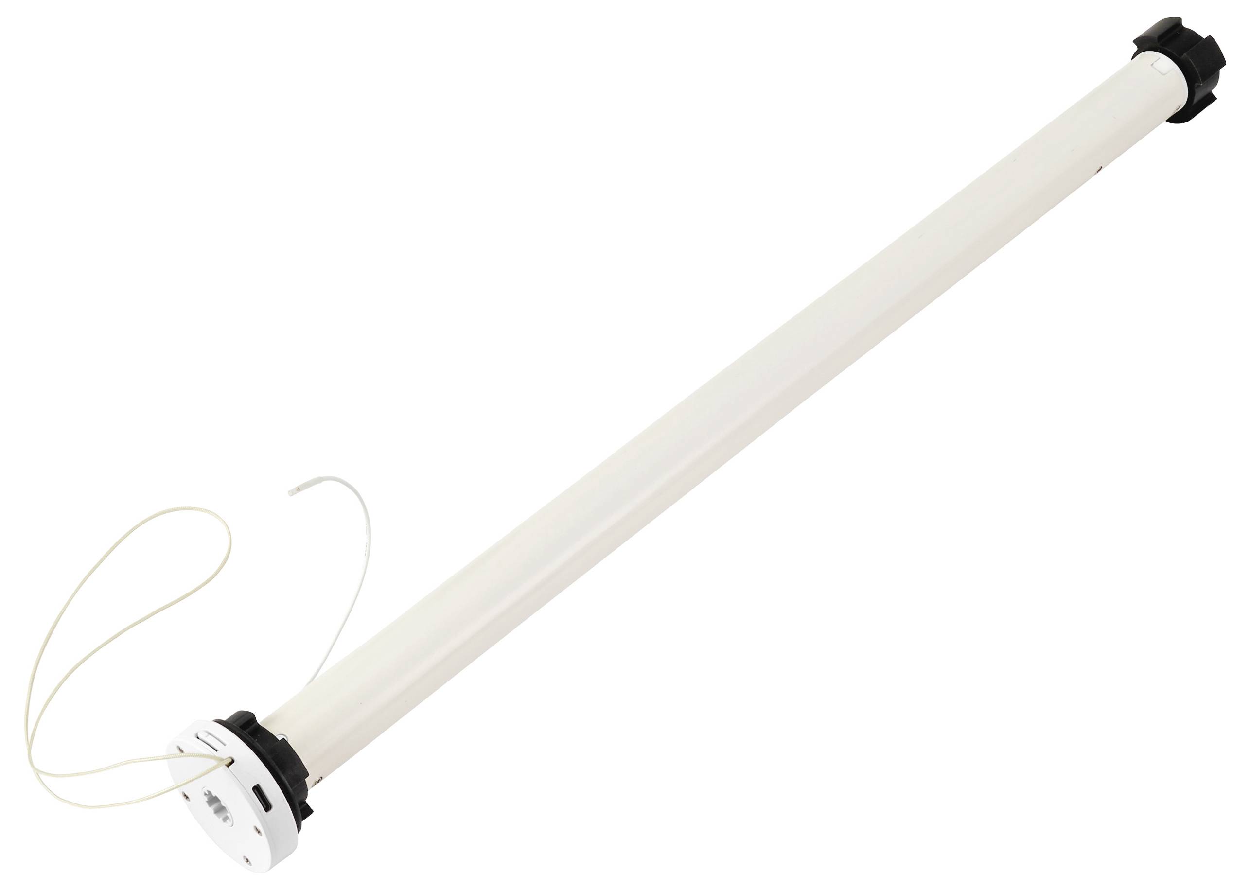 Een witte buisvormige motor voor rolgordijnen, voorzien van tandwielen en een trekkoord, gebruikt voor geautomatiseerde raamafdekking.