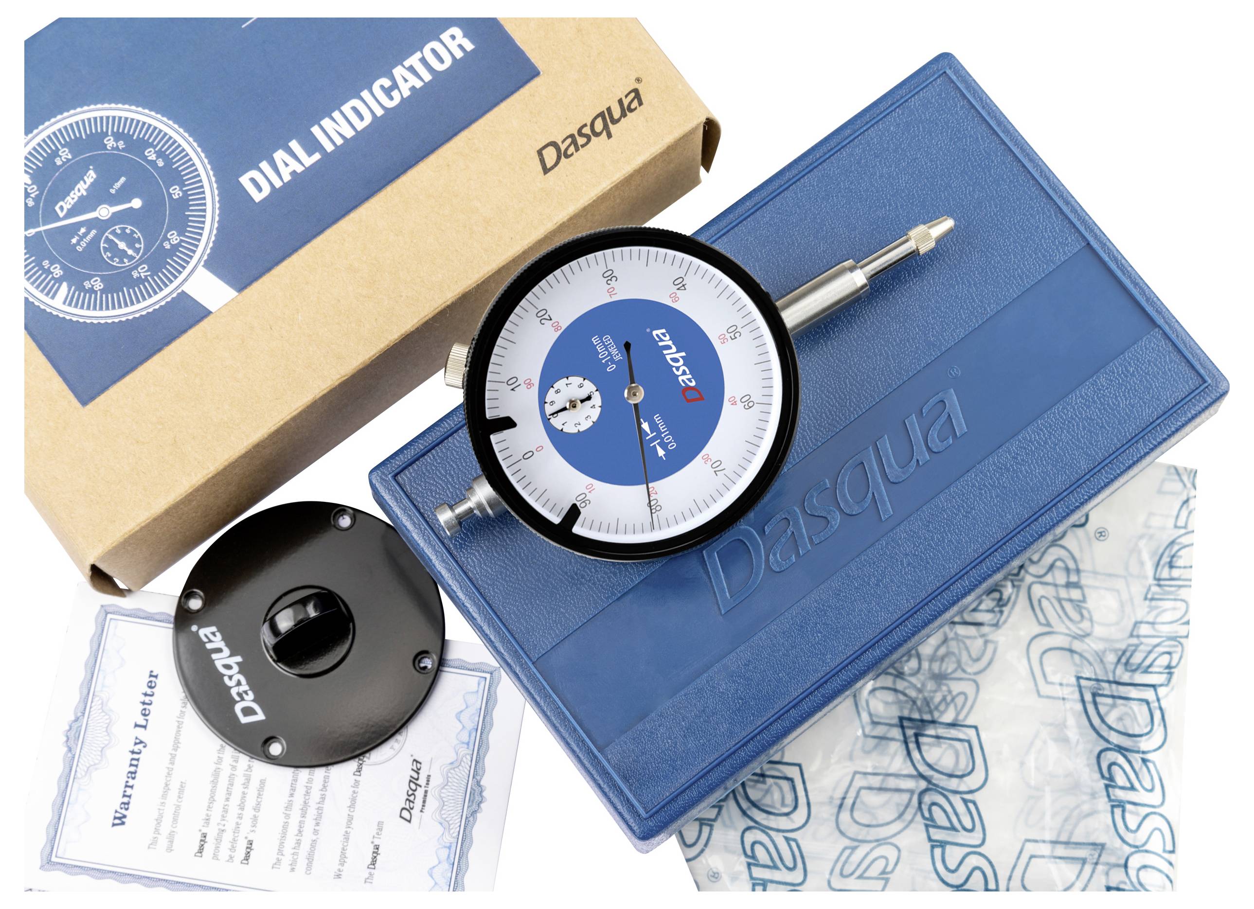 'Een meetklok van Dasqua met meetinstrument, in doos verpakt, met beschermkoffer, garantiebrief en afstelhulpmiddel.'