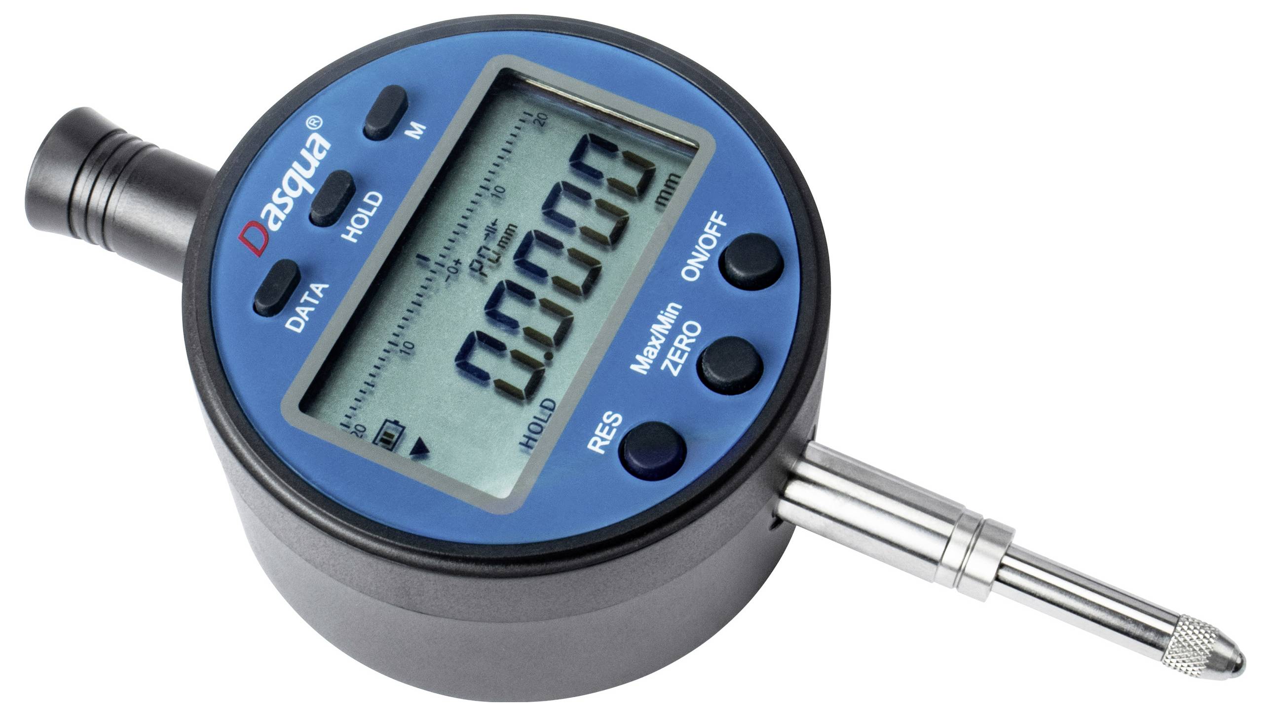 Digitale meetklok die '0,0000' weergeeft. Gebruikt voor het meten van lineaire afstanden bij verspanende bewerkingen met opties voor gegevensvasthouding en resetten.