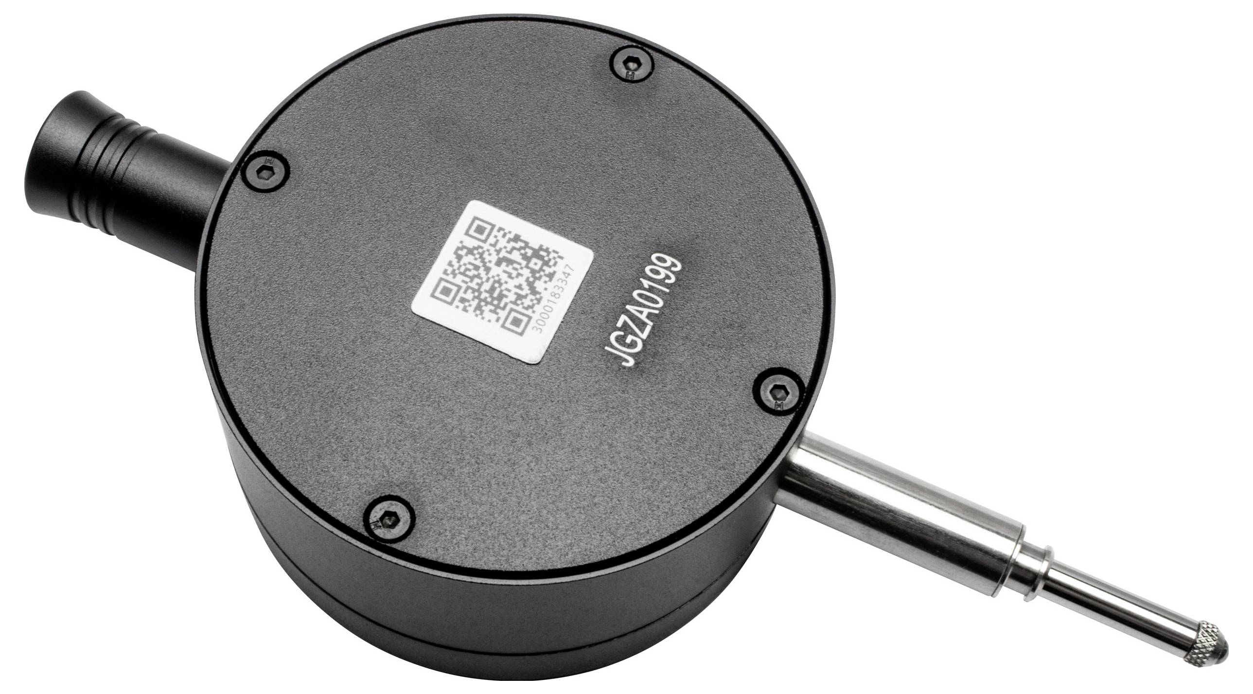 Zwarte wijzerplaatmeter met een QR-code en modelnummer 'JGZA01-99' bovenop. Het beschikt over een rond zwart behuizing en een slanke metalen sonde.
