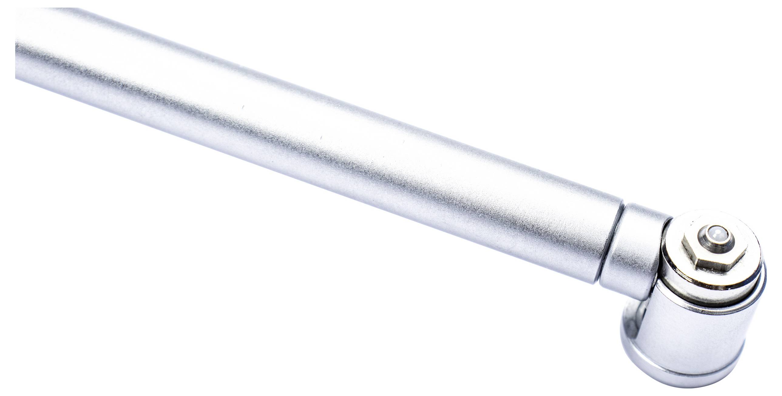 Zilveren metalen staaf met scharnierende uiteinde, mogelijk onderdeel van een scharnier of steunmechanisme.