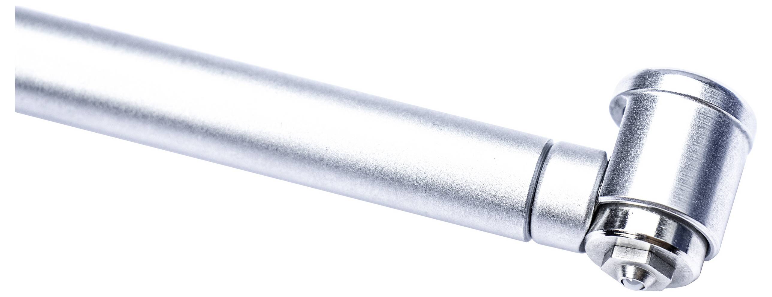 Een close-up van een roestvrij stalen hydraulische scharnier, met zijn gladde cilindrische vormgeving en draaiverbinding.