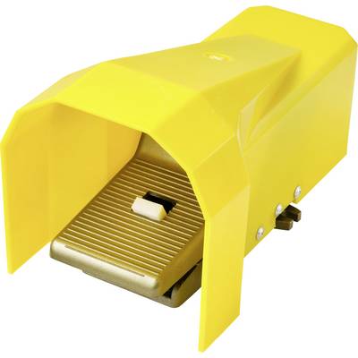 Een gele metalen voetpedaal met een beschermende behuizing en gestructureerd oppervlak, gebruikt voor bediening zonder handen in industriële of medische apparatuur.