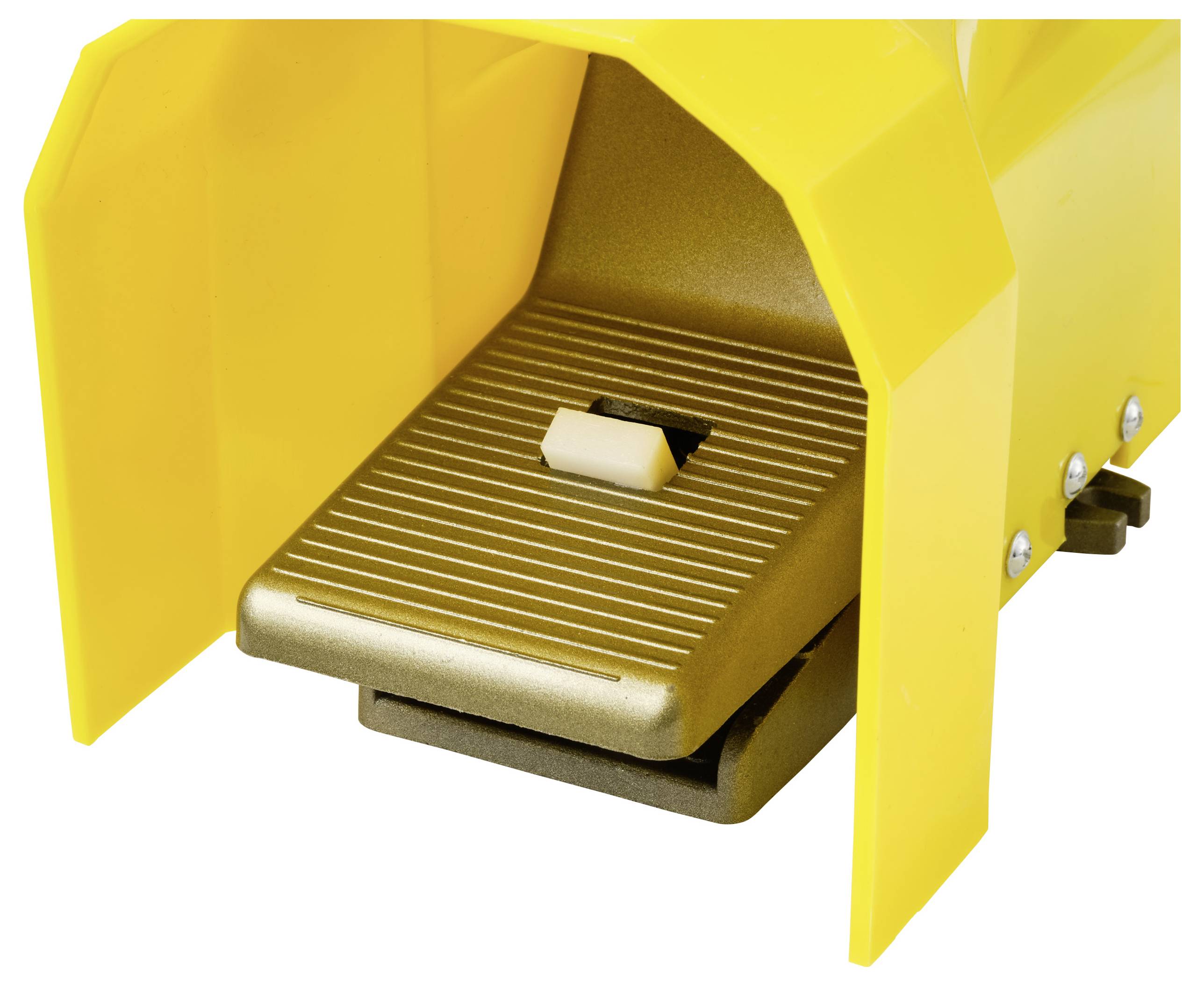 Een geel en goud voetpedaal met een gestructureerd oppervlak, waarschijnlijk bedoeld voor het bedienen van een machine.