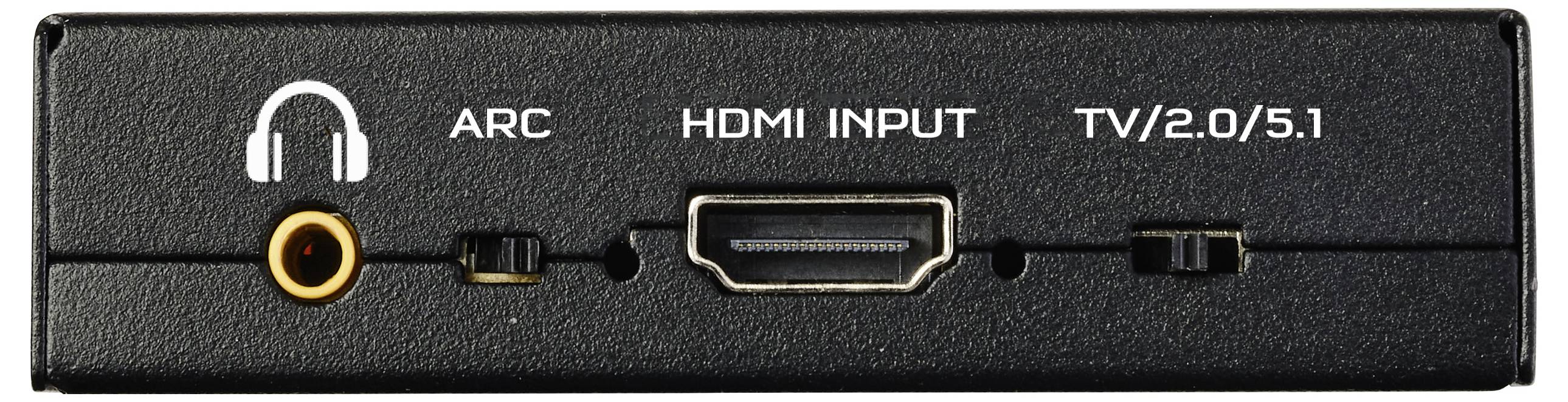 Achterpaneel van een audioapparaat met aansluitingen: hoofdtelefoonaansluiting, ARC, HDMI-ingang, gelabeld TV/2.0/5.1.