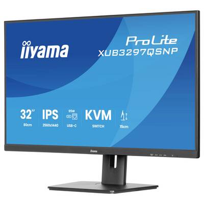 Monitor met een strak design. Scherm toont tekst 'iiyama ProLite XUB3297QSNP' met functies: 32-inch, IPS, 2560x1440 resolutie, USB-C, KVM-switch.