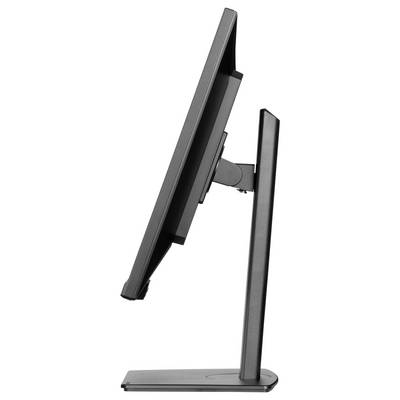 Een zijaanzicht van een dunne, moderne computermonitor met een zwarte standaard, waarbij de kantelbare functie van het scherm wordt getoond.