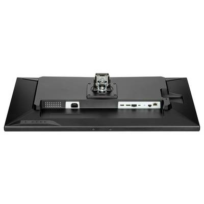 Een zwarte computermonitor bekeken vanuit de achterkant, waarop verschillende poorten zichtbaar zijn waaronder HDMI, DisplayPort, USB en voedingsingang.