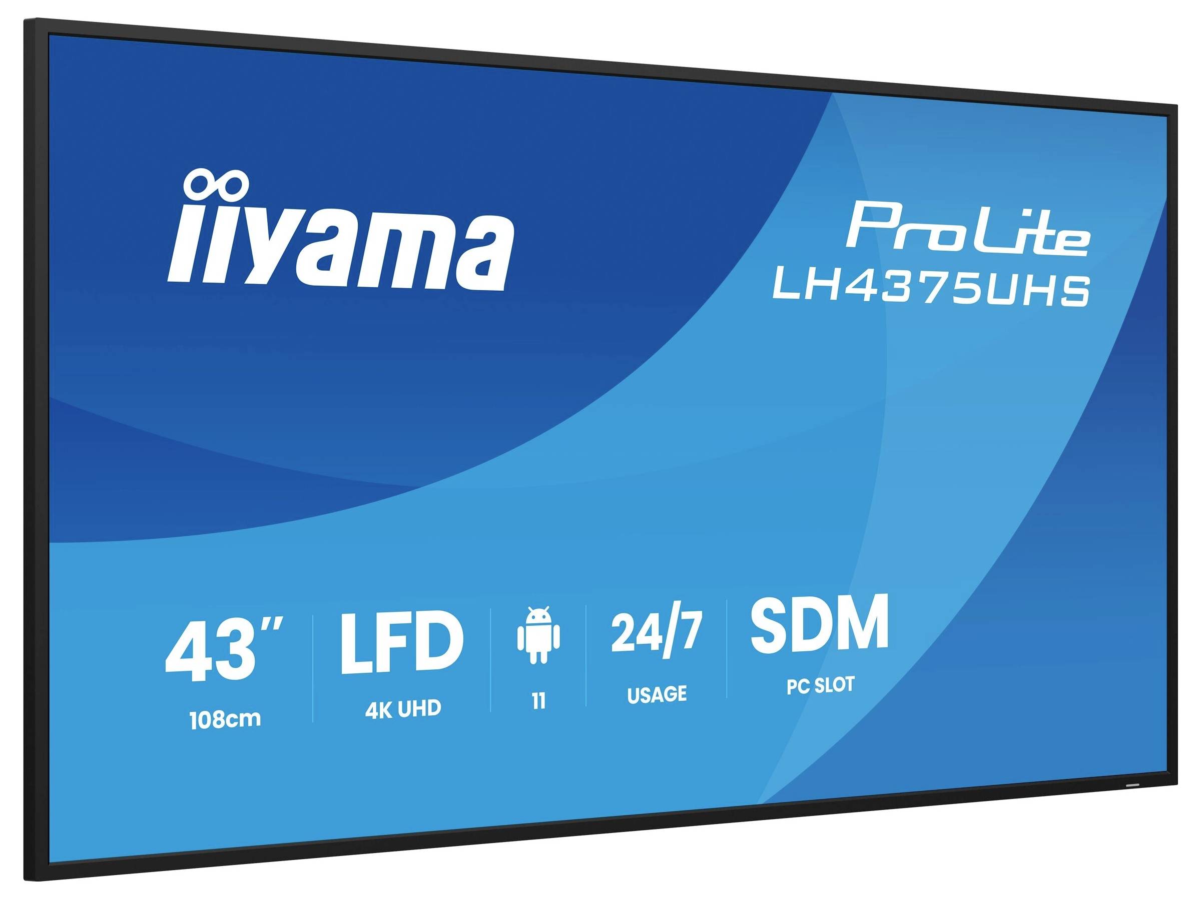 'ProLite LH4375UHS.' Een 43-inch 4K UHD display ontworpen voor 24/7 gebruik, voorzien van LFD, Android 11 en een SDM PC-sleuf.