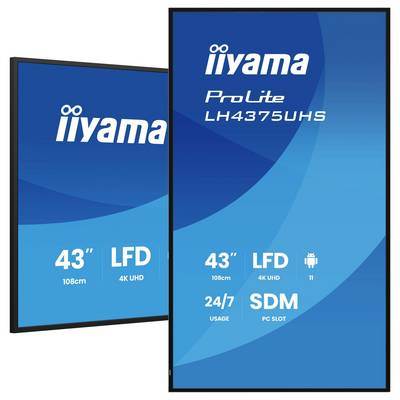 Twee digitale schermweergaven. Beide zijn 43 inch (108 cm), 4K UHD, gelabeld als 'iiyama ProLite LH4375UHS'. Bruikbaar 24/7, met PC-sleuf.