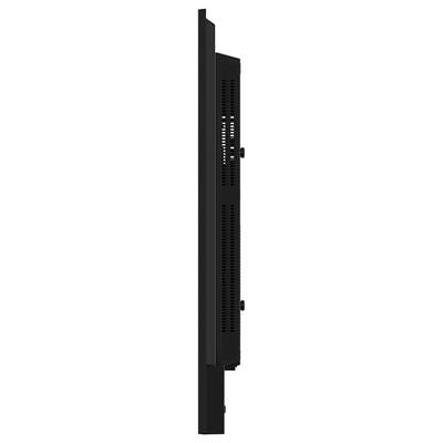 Een zwart, verticaal georiënteerd elektronisch apparaat of displaypaneel met een slanke profilering en geperforeerd design aan de zijkant.