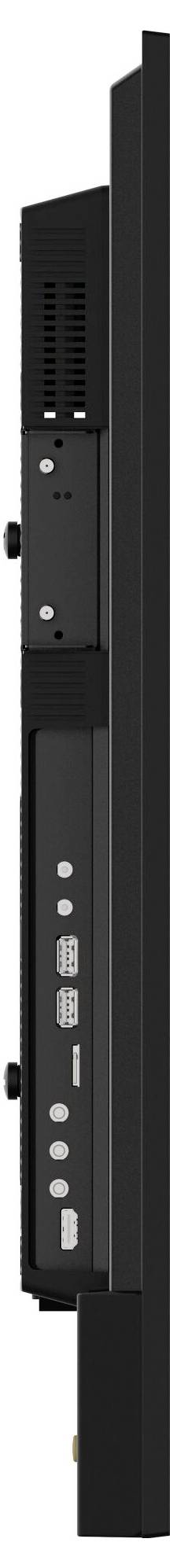Zijaanzicht van een slanke, zwarte elektronische apparaat met zichtbare poorten en ventilatieopeningen, waarbij een minimalistisch ontwerp en een smalle omtrek worden getoond.