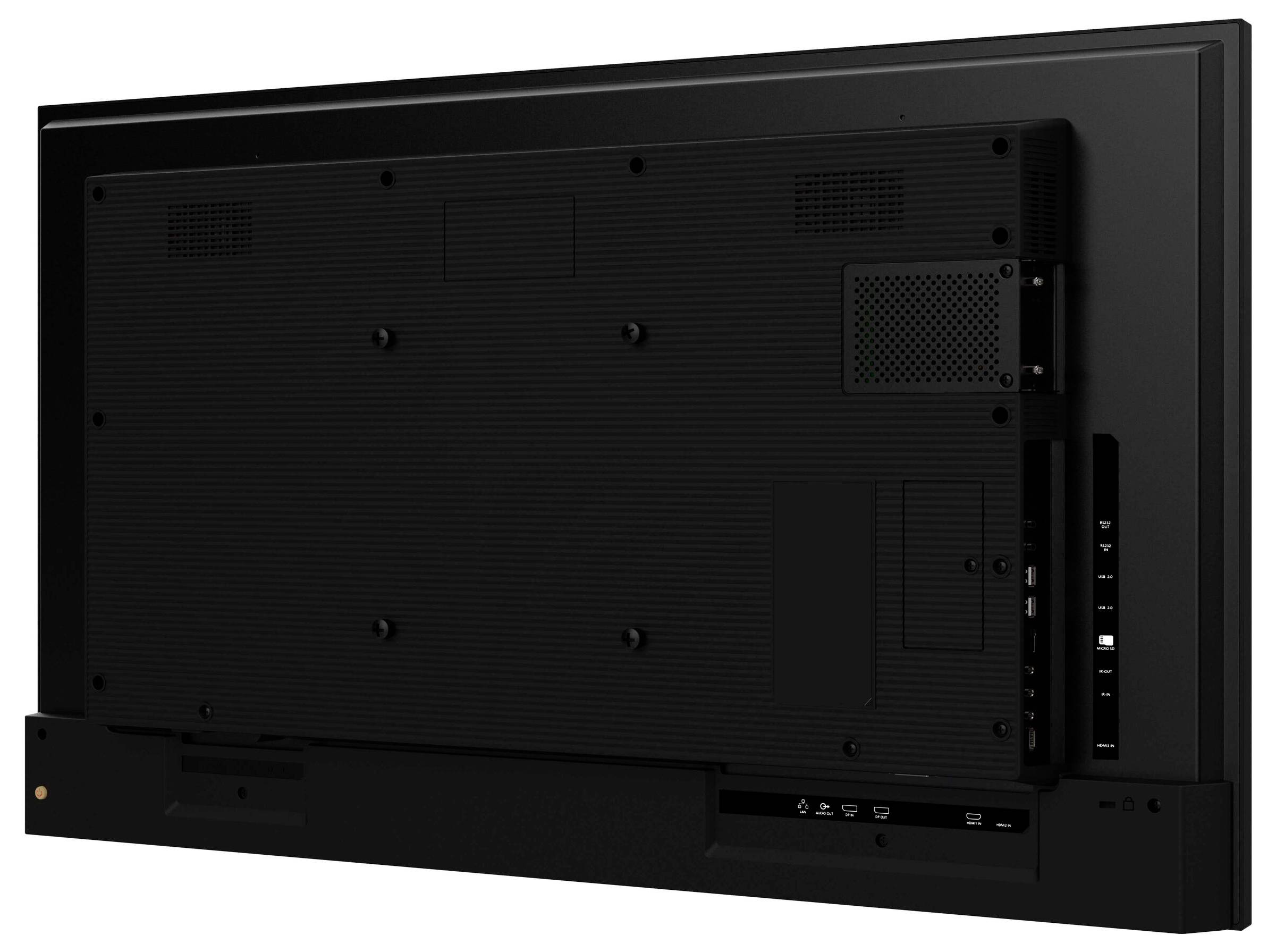 Achterkant van een flatscreen-televisie met input/output-poorten, ventilatieopeningen en knoppen aan de zijkant voor aanpassingen.