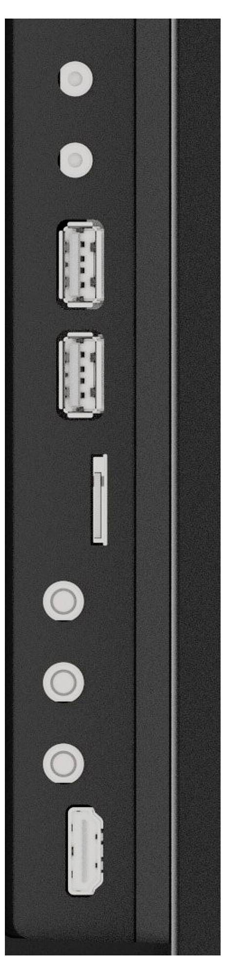 Zijpaneel van een desktopcomputer met aansluitingen: vier USB-poorten, één koptelefoonaansluiting, één microfoonaansluiting, en een aan/uit-knop bovenaan.