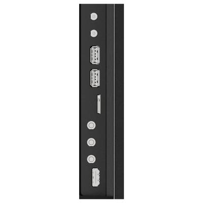 Zijpaneel van een desktopcomputer met aansluitingen: vier USB-poorten, één koptelefoonaansluiting, één microfoonaansluiting, en een aan/uit-knop bovenaan.