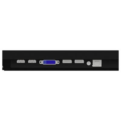 De afbeelding toont het achterpaneel van een monitor met verschillende poorten: twee USB-poorten, een DVI-poort, een HDMI-poort, een DisplayPort en een stroomaansluiting.