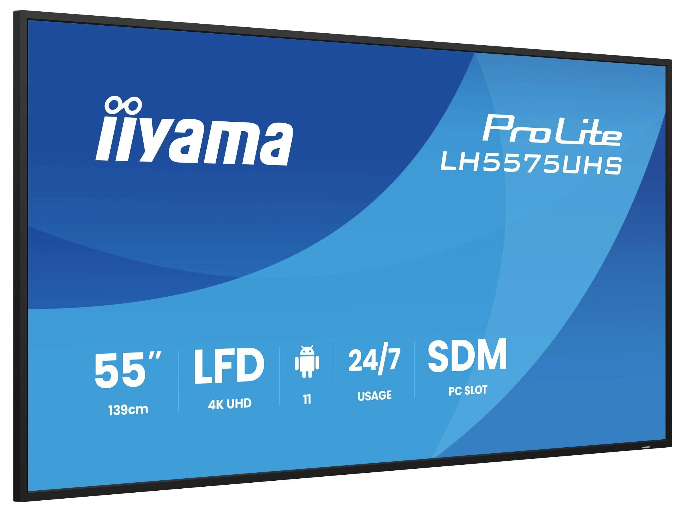 Een blauwe scherm met 'iiyama ProLite LH5575UHS' met specificaties: 55" (139cm), LFD, 4K UHD, Android 11, 24/7 gebruik, SDM, PC-sleuf.