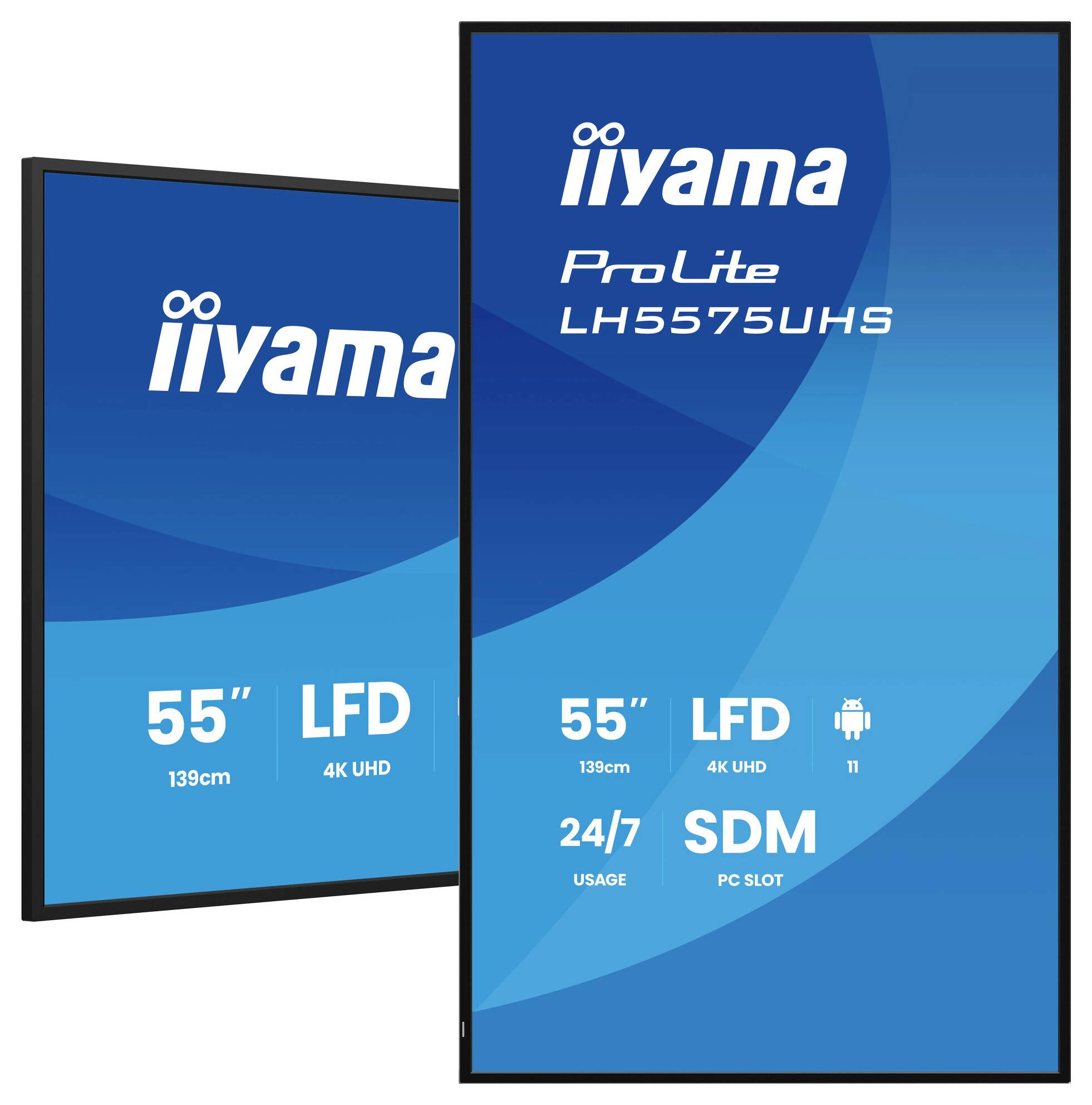 Twee monitoren vertonen productspecificaties: 'Iiyama ProLite LH5575UHS', '55 inch, 139 cm, LFD, 4K UHD, 24/7 gebruik, SDM PC-sleuf, Android 11'.