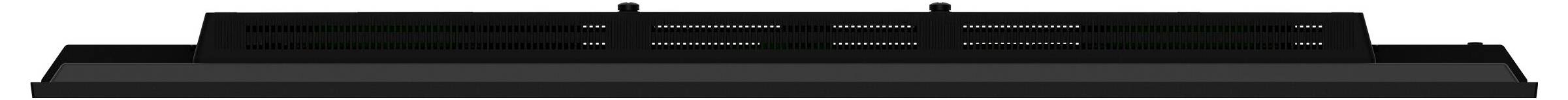 Een strakke, zwarte, rechthoekige soundbar met een minimalistisch ontwerp, voorzien van een centrale rooster en twee kleine knoppen bovenop.