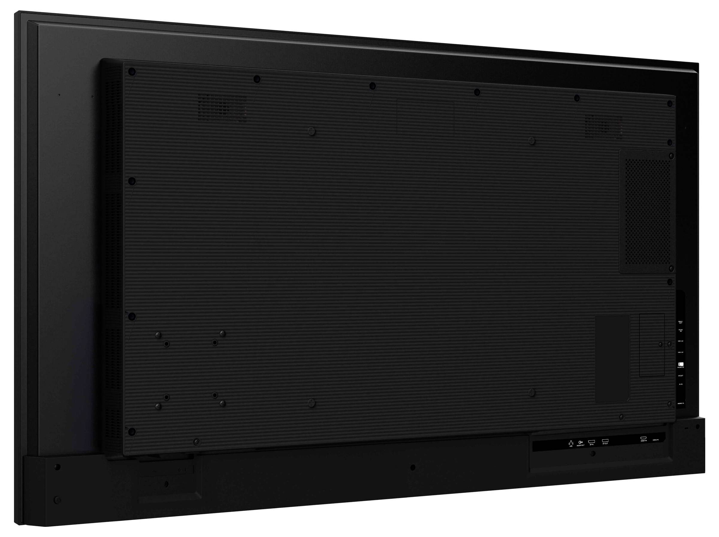 Achteraanzicht van een groot flatscreen-beeldscherm met verschillende poorten en ventilatieopeningen, die aansluitingsmogelijkheden en koelingsontwerp aangeven.