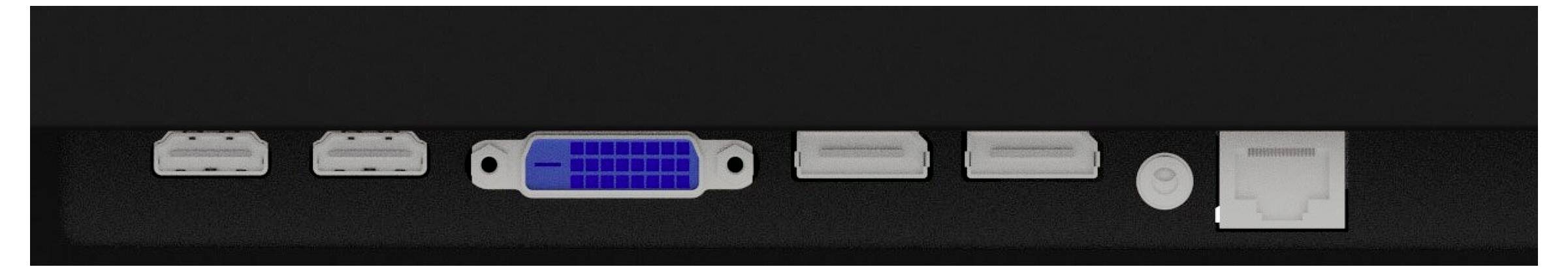 Een rij computerpoorten met twee HDMI-aansluitingen, een VGA-poort, een USB-aansluiting, een ronde stroompoort en een Ethernet-verbinding op een zwart paneel.