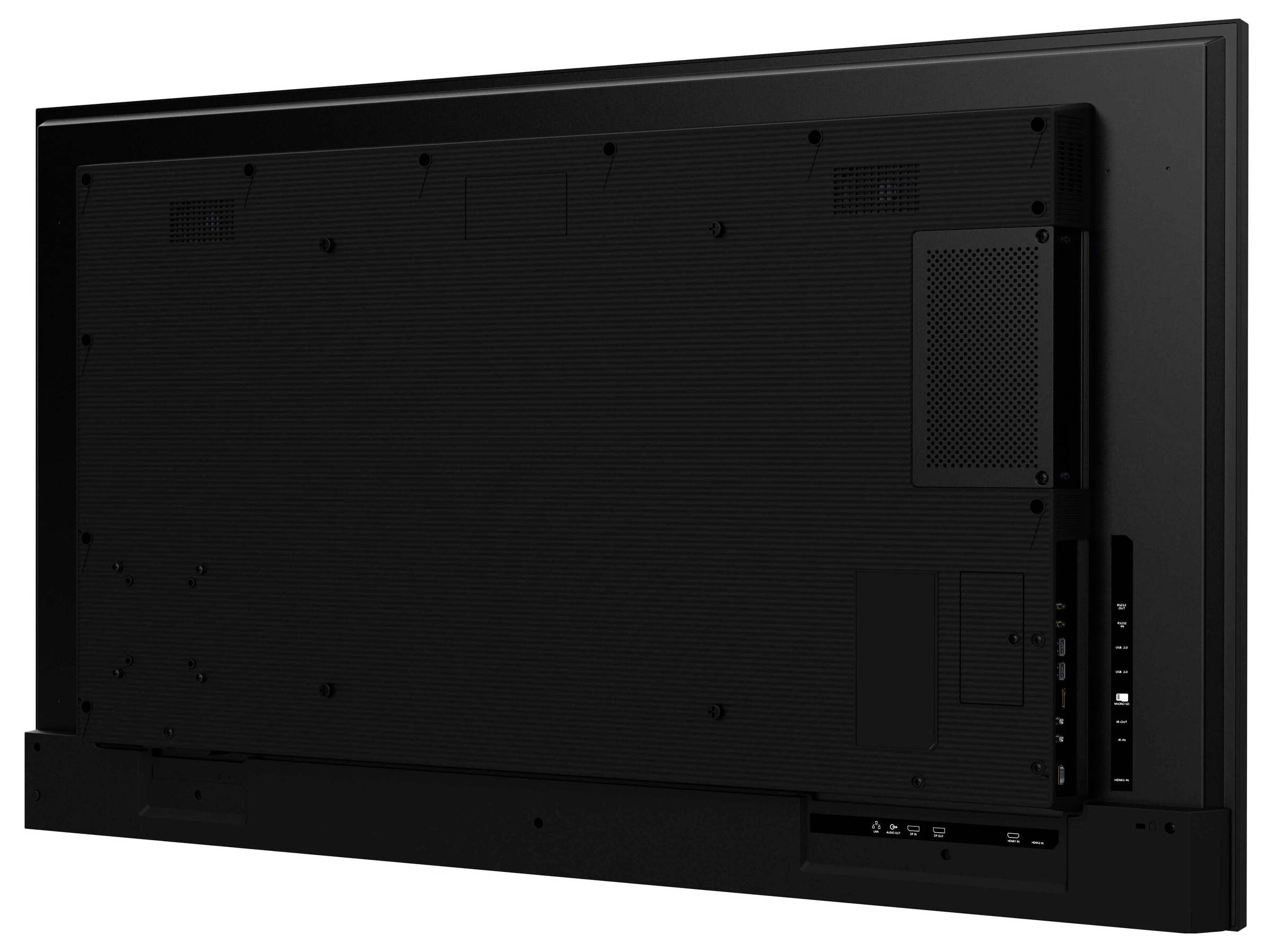 Grote platte televisie gezien van achteren, met aansluitingen en ventilatierooster.