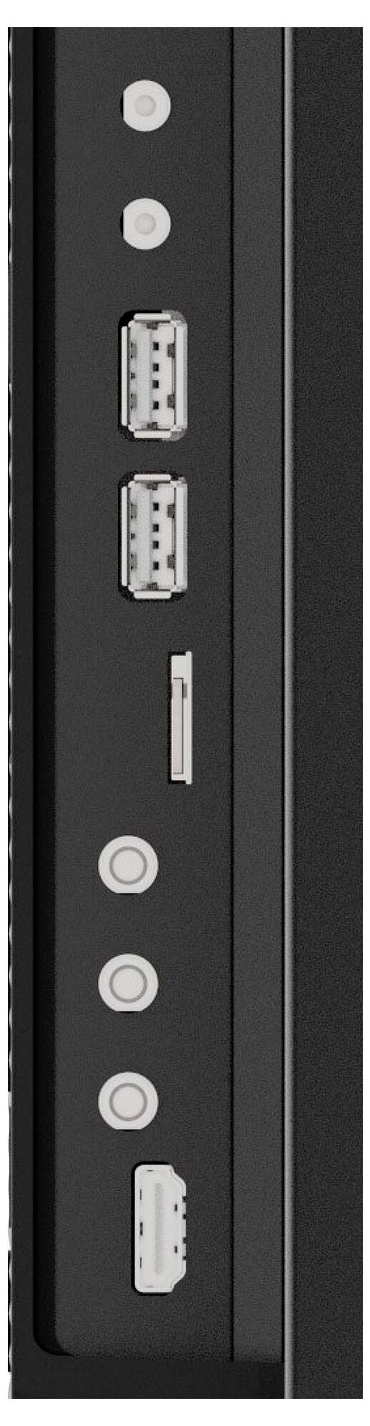 Een verticale rij van zwarte aansluitingen en poorten op een elektronisch apparaat, waaronder USB, HDMI en audiojacks, symmetrisch gerangschikt.