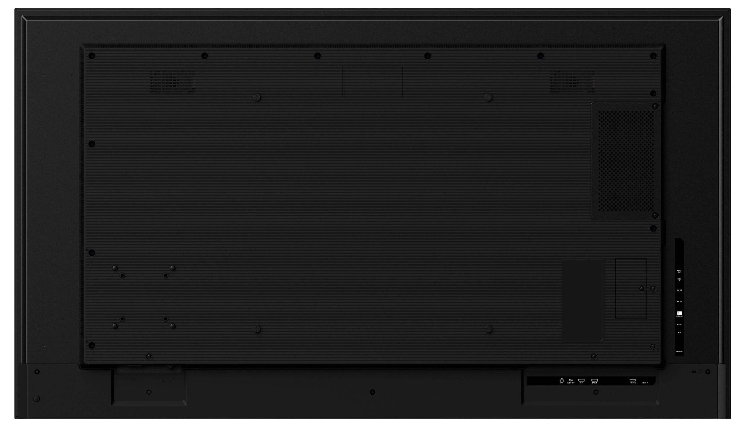De afbeelding toont de achterkant van een flatscreen televisie, waarbij verschillende invoerpoorten en bevestigingspunten zichtbaar zijn.