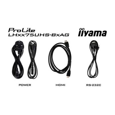 Kabels voor de iiyama ProLite monitor model LHxx75UHS-BxAG: netsnoer, HDMI-kabel, RS-232C-kabel.
