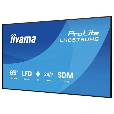 Digitaal displayscherm met 'iiyama ProLite LH6575UHS', 65-inch formaat, 4K UHD, Android, 24/7 gebruik, met SDM PC-sleuf.