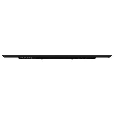 Een lange, zwarte horizontale soundbar met verschillende kleine bedieningsknoppen aan de zijkant. Hij is ontworpen voor het verbeteren van tv-audio.
