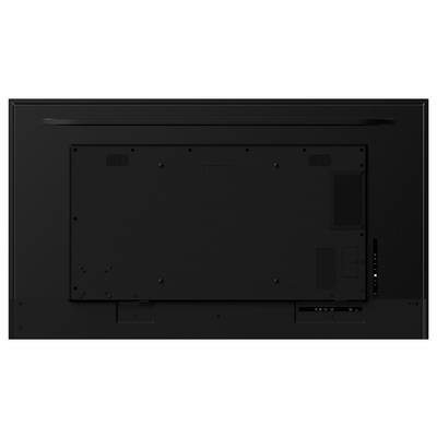 Achteraanzicht van een flatscreen televisie met verluchtingsopeningen, bevestigingsgaten en invoer-/uitvoerpoorten aan de rechterkant.