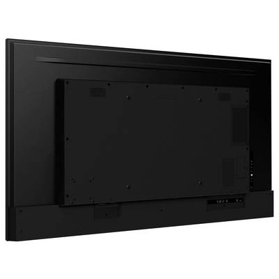 Achteraanzicht van een grote, rechthoekige flatscreen-televisie, met verschillende poorten aan de zijkant en bevestigingsbeugels.