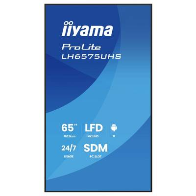 'iiyama ProLite LH6575UHS' digitaal display, 65 inch, 4K UHD resolutie, 24/7 gebruik, inclusief PC-sleuf, ondersteunt Android.