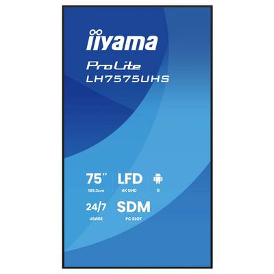 Digitale signage-displayspecificaties: 'iiyama ProLite LH7575UHS', 75-inch LFD, 4K UHD, Android, 24/7 gebruik, SDM, PC-sleuf.