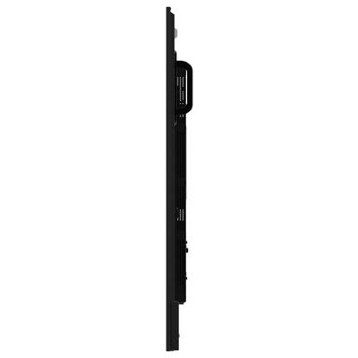 Zijaanzicht van een flatscreen televisie, waarbij de dunne profilering en achterste aansluitingen worden getoond, met nadruk op het strakke design en minimalistische uiterlijk.
