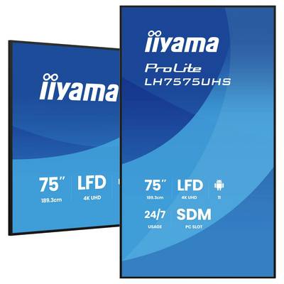 Twee grote, verticaal geplaatste iiyama ProLite LFD-schermen, 75" 4K UHD, uitgerust met Android 11, ontworpen voor 24/7 gebruik met SDM PC-sleuf.